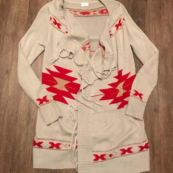 Long Aztec print cardigan with fringe - Picture 1 of 4
